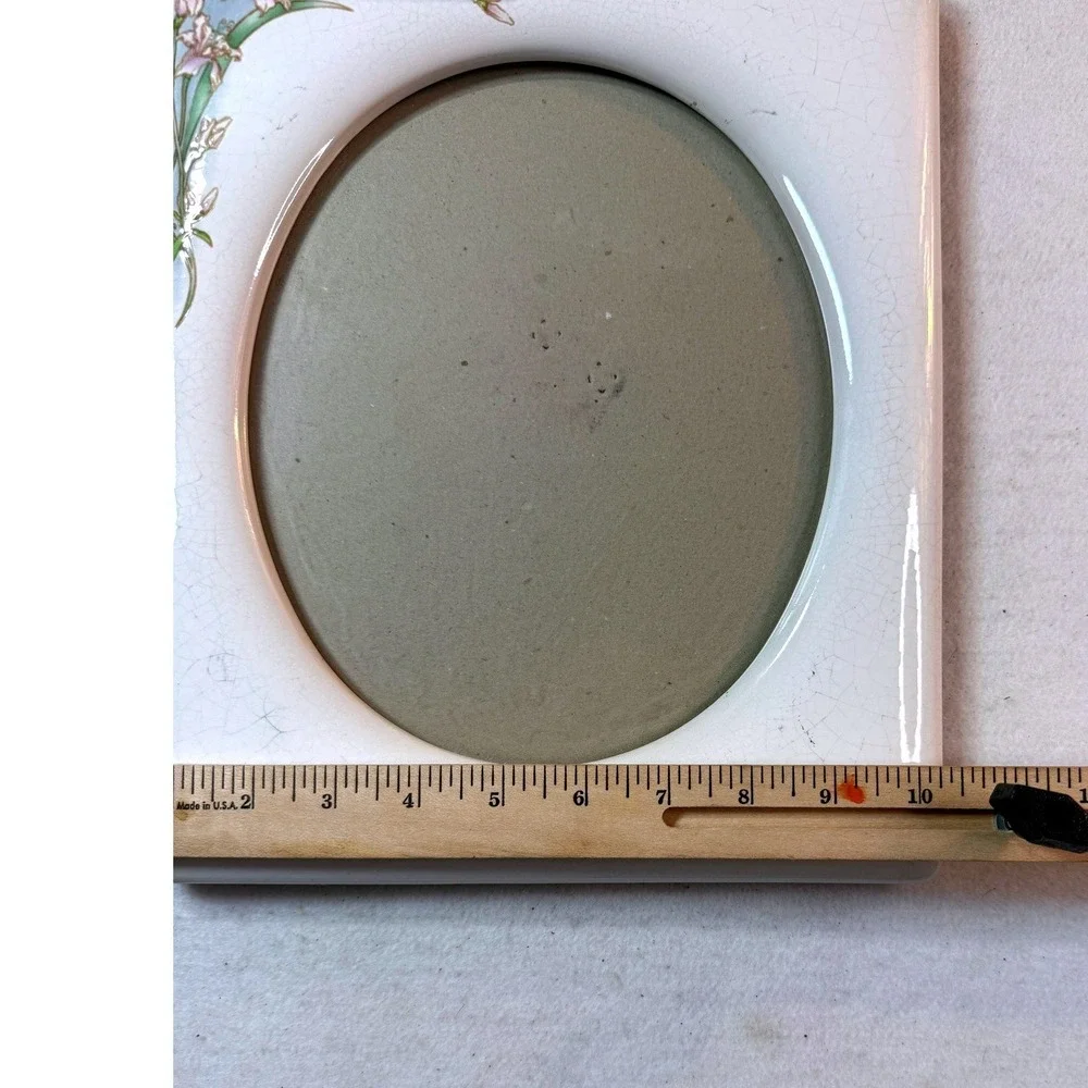 Vintage 70s Ceramic Floral Picture Frame Crackle Glaze White Pink Lily 8x10